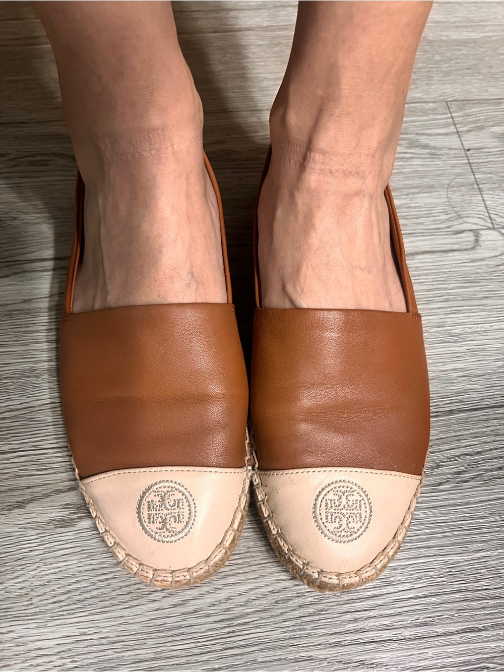 Tory Burch Two-Tone Leather Espadrilles in Cognac & Cream Soft and comfortable